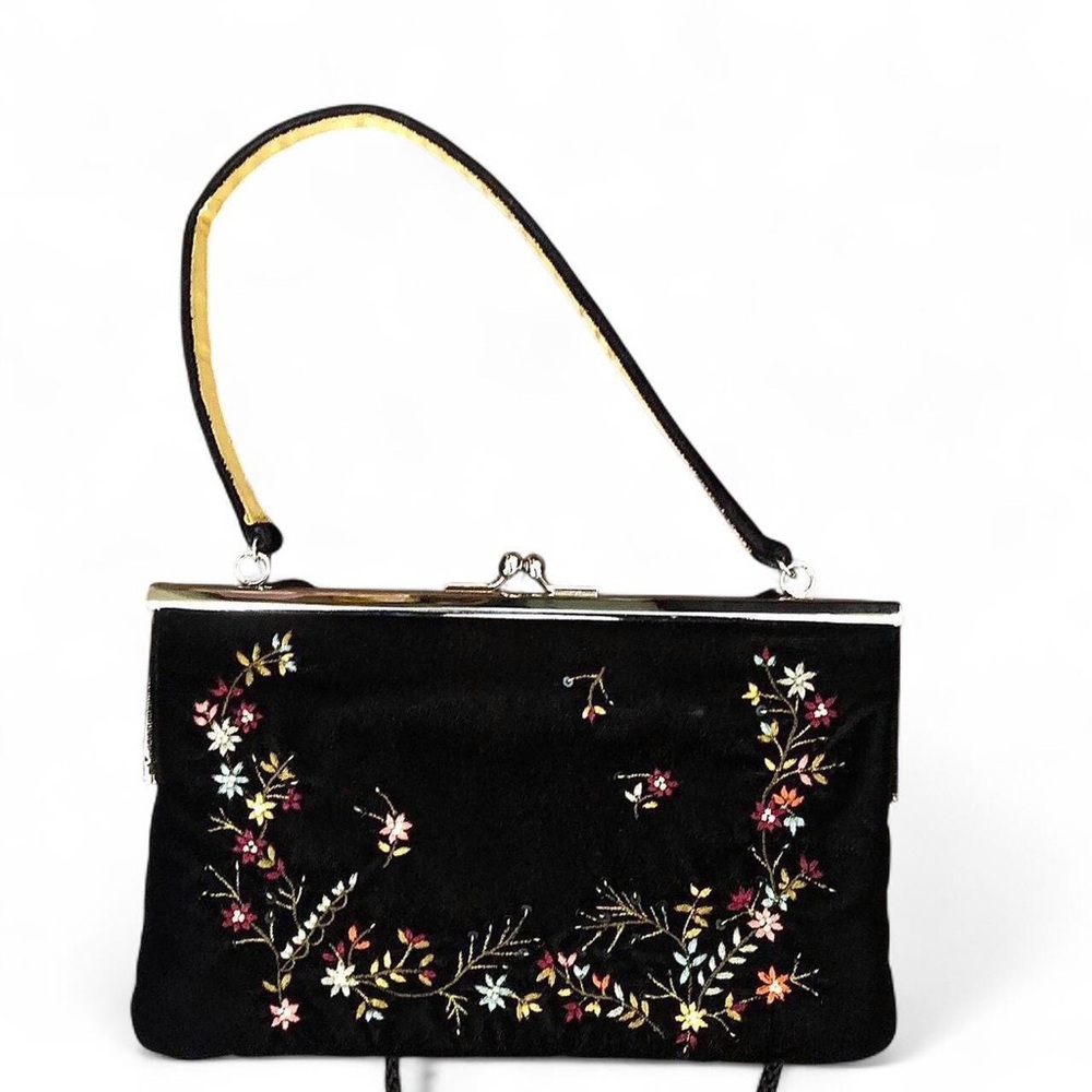 Vintage 90s Y2K Whimsygoth Floral Embroidery Velvet Clutch Hand Bag Purse Black